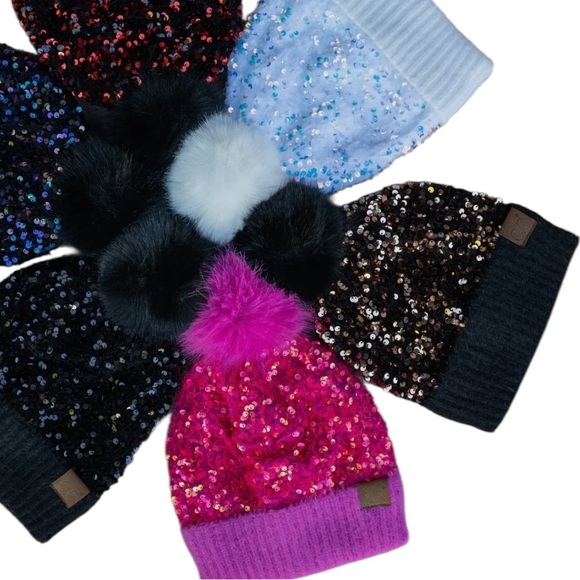 Sequin Pom-Pom Beanie  - Pink, Black, White - Picture 4 of 11
